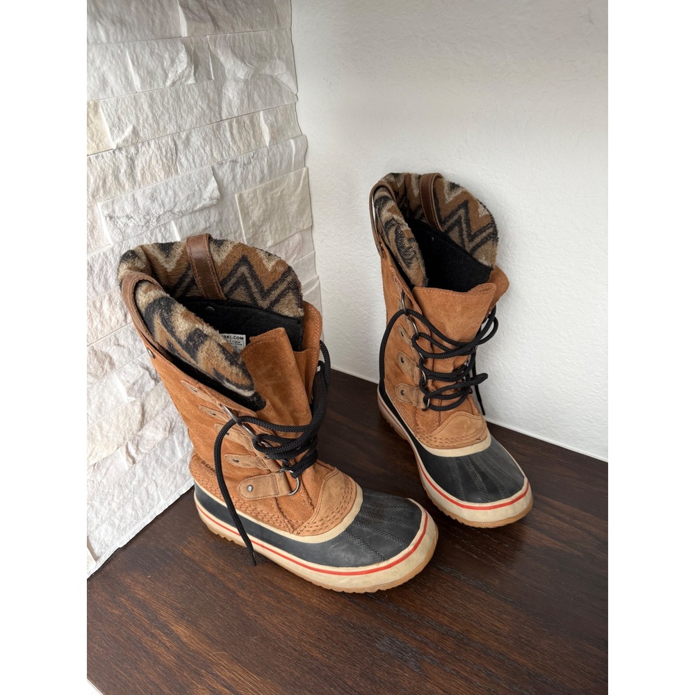 Sorel Joan of Arctic Waterproof Winter Boots Suede Chevron Knit Brown Womens 6.5